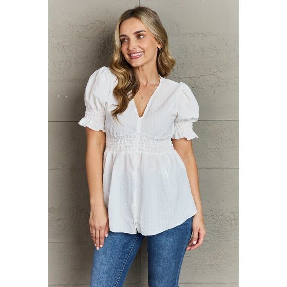 Culture Code Sweet Serenity Full Size V-Neck Puff Sleeve Button Down Top - Picture 1 of 13